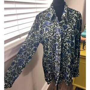 Ballinger Gold blue velvet burnout‎ floral long sleeve, collared, button down. L